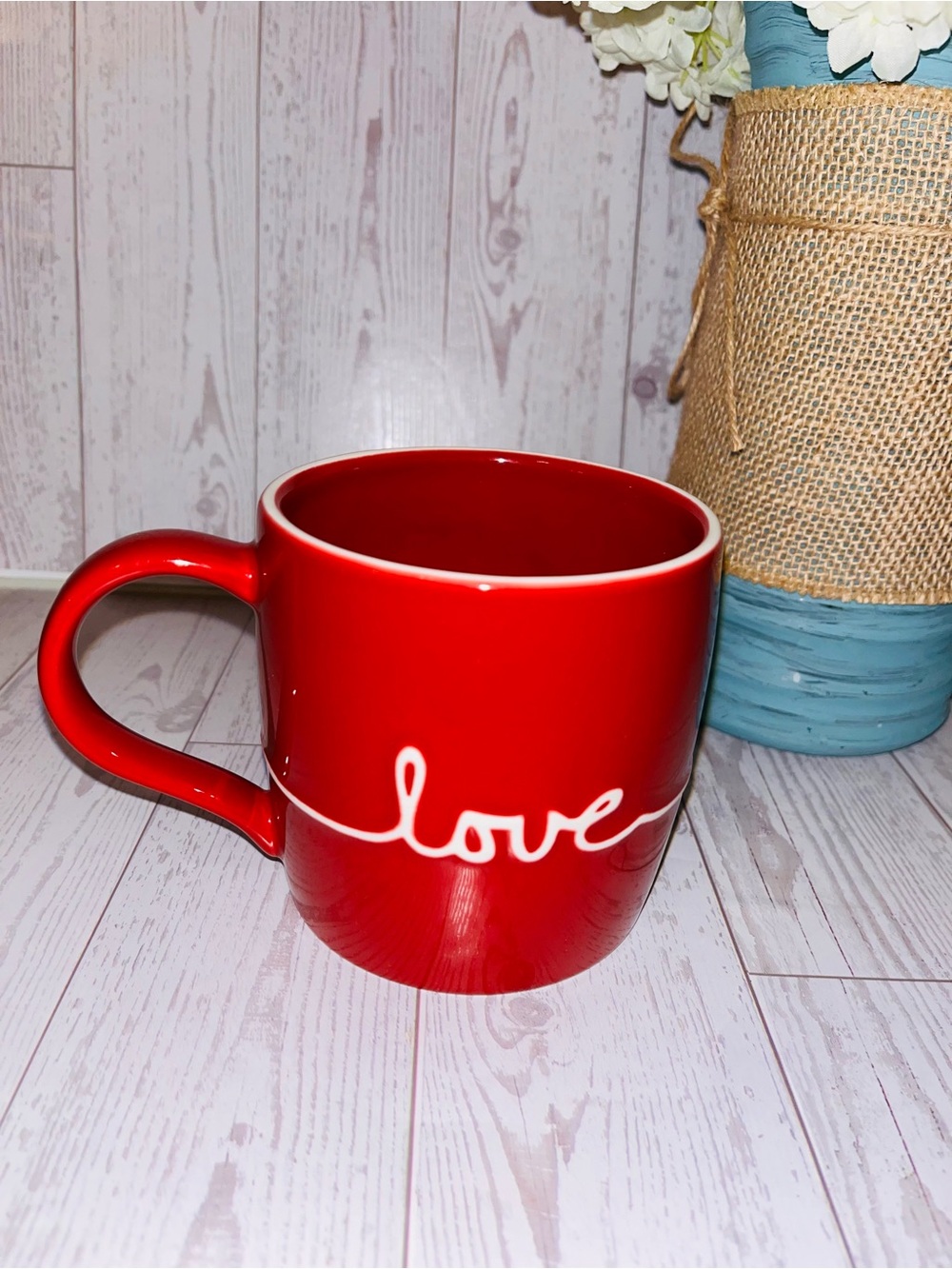 Starbucks Red Ceramic Mug with White "love" string 16 oz. Like New